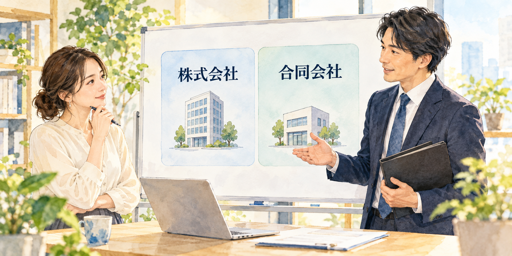 株式会社と合同会社の特徴を比較して相談する起業家と税理士