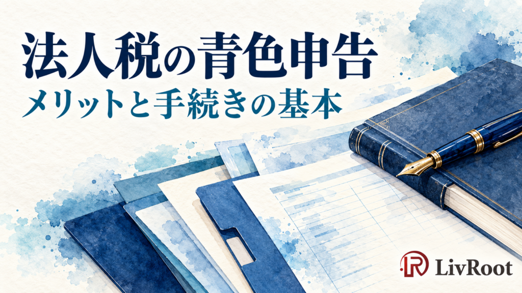 法人税の青色申告。青い書類と帳簿、万年筆の構図