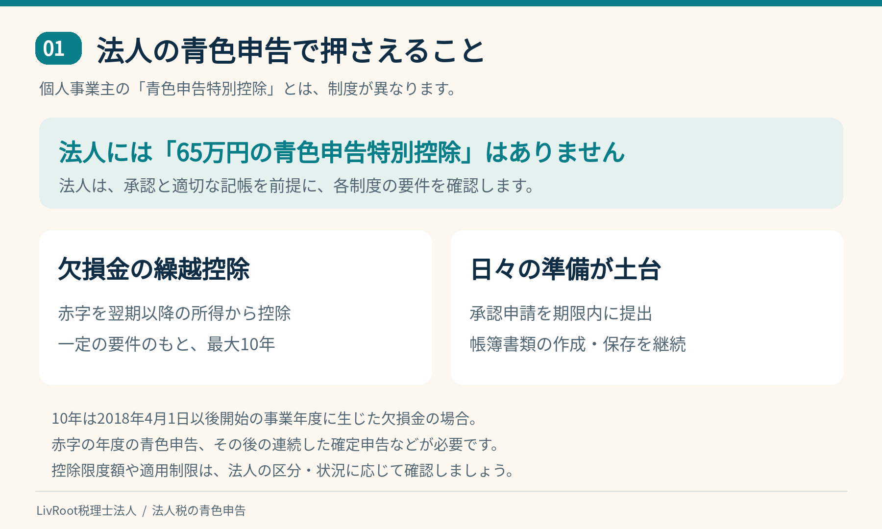 法人の青色申告の基本。個人の65万円控除との違いと欠損金の繰越控除
