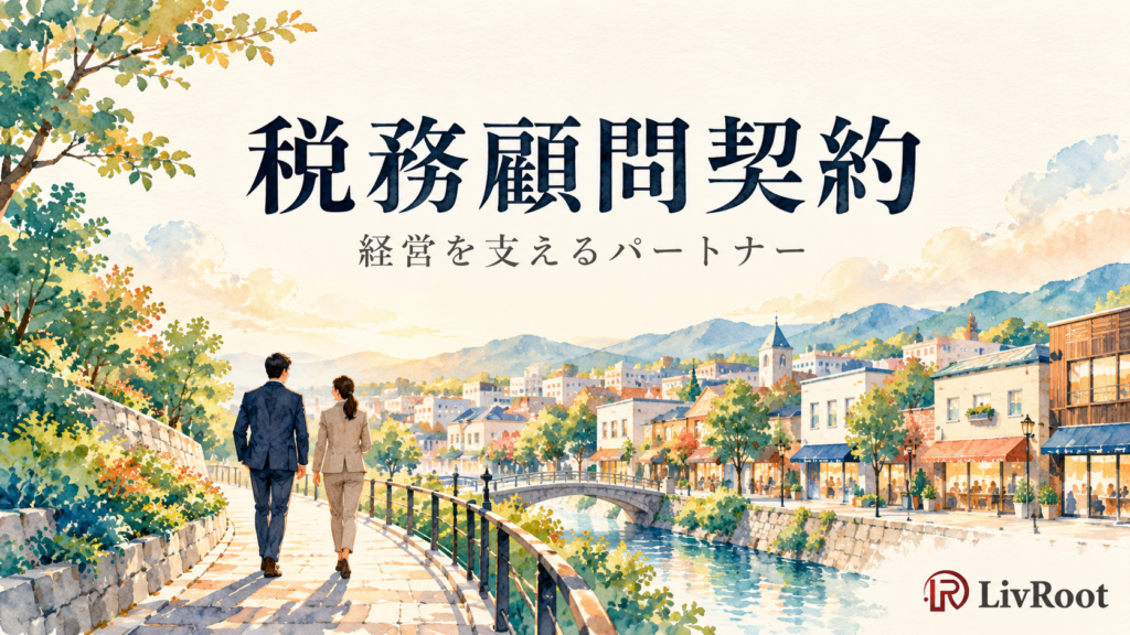 税務顧問契約。街を歩く経営者と税理士の伴走を表現