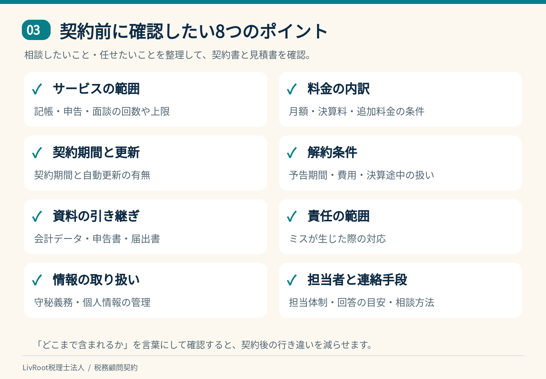 顧問契約の前に確認する8項目。業務範囲、料金、契約期間、解約、引き継ぎ、責任、情報管理、担当者