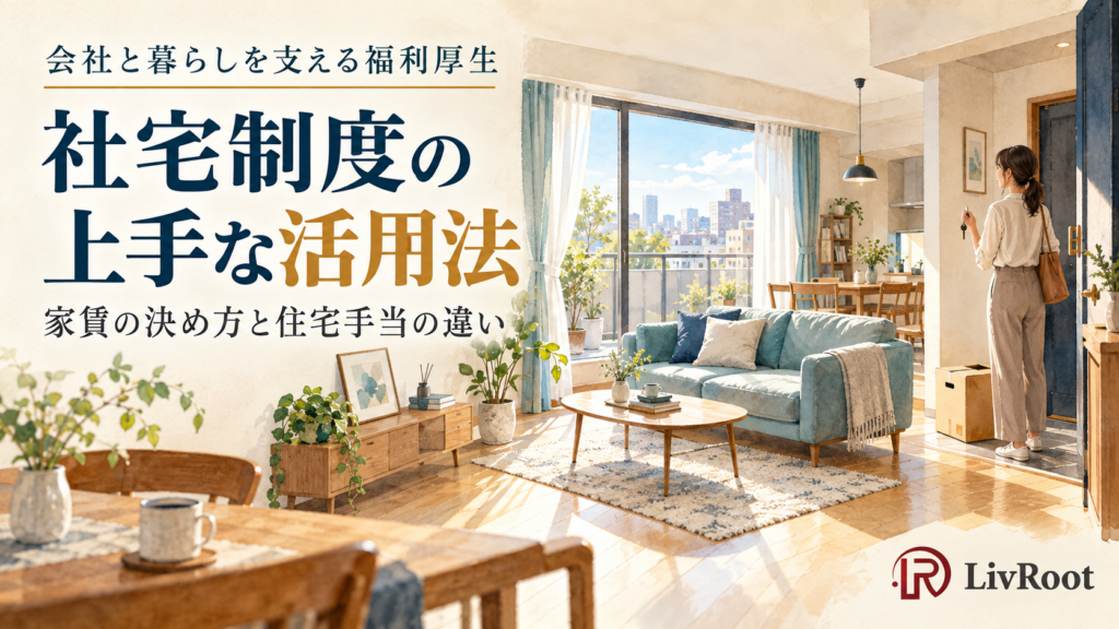 社宅制度の上手な活用法。日差しの入る社宅の室内と鍵を持つ入居者。家賃の決め方と住宅手当の違いを解説。