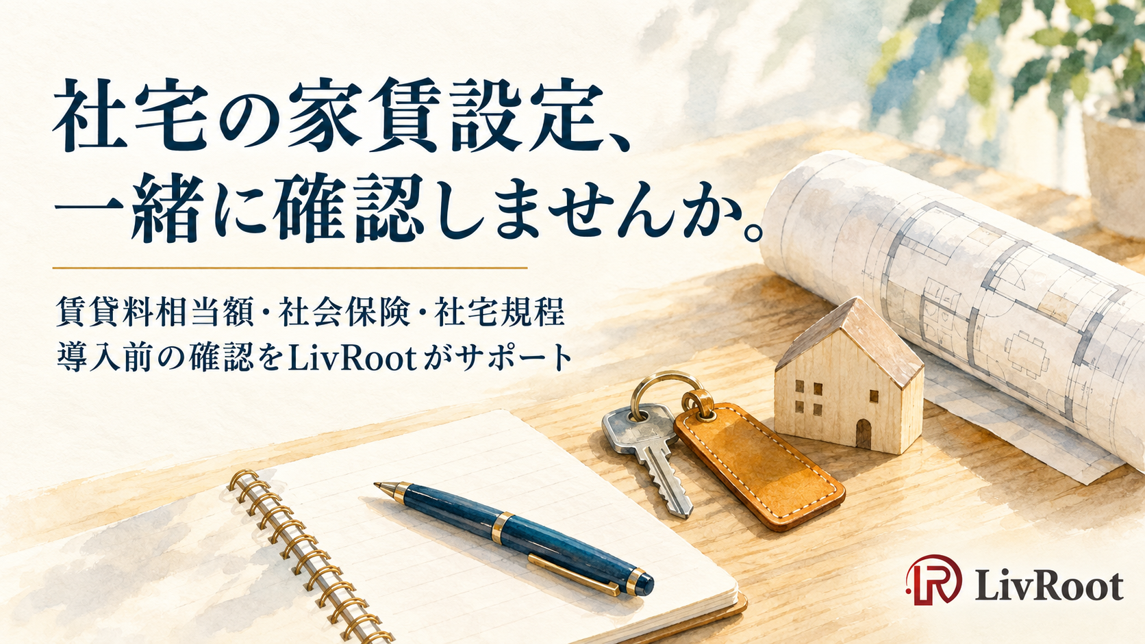 社宅の家賃設定をLivRootへ相談。鍵と間取り図を添え、賃貸料相当額・社会保険・社宅規程の導入前確認を案内。