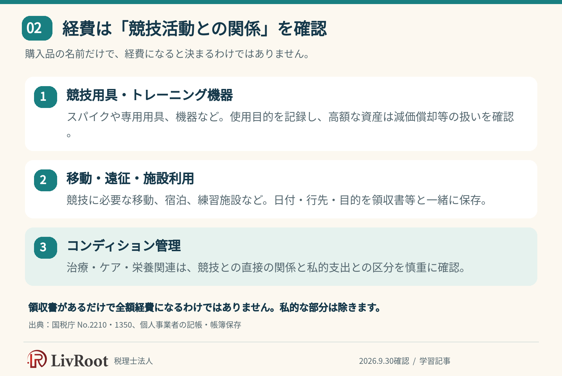 経費は「競技活動との関係」を確認。購入品の名前だけで、経費になると決まるわけではありません。
