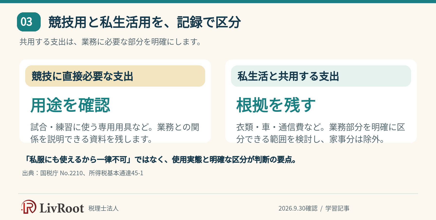 競技用と私生活用を、記録で区分。共用する支出は、業務に必要な部分を明確にします。
