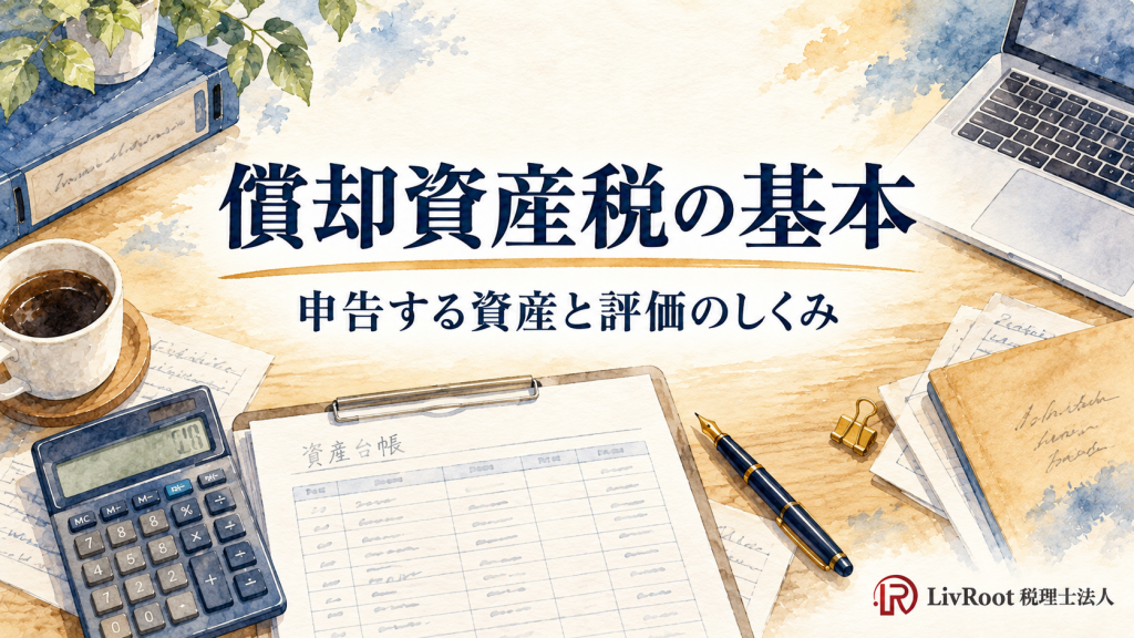 償却資産税の基本。申告する資産と評価のしくみを解説する記事の水彩イラスト。