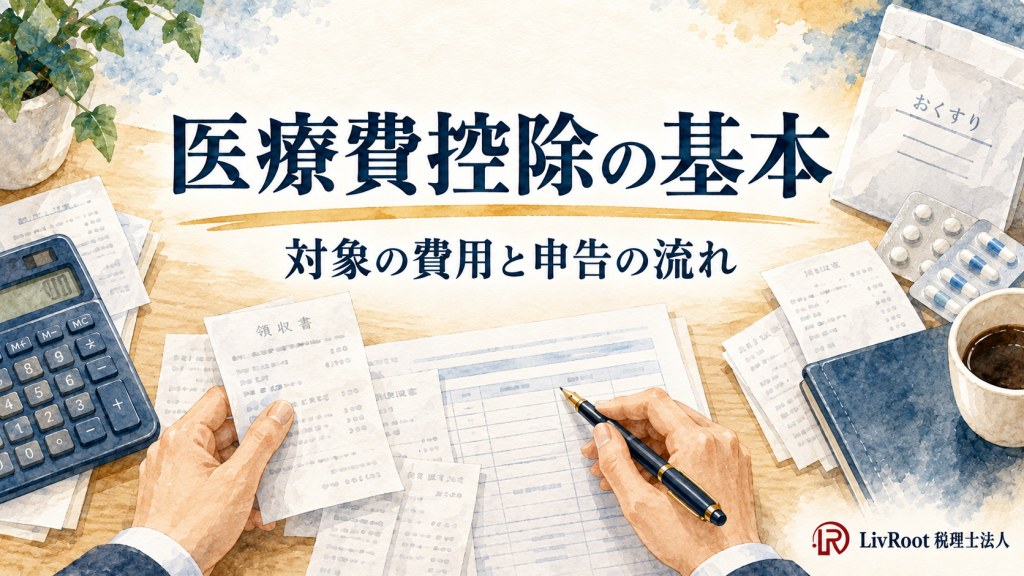 医療費控除の基本。対象の費用と申告の流れを解説する記事の水彩イラスト。