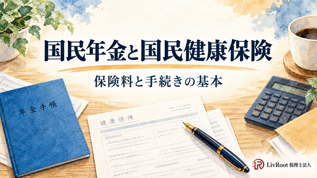 国民年金と国民健康保険。保険料と手続きの基本を解説する記事の水彩イラスト。