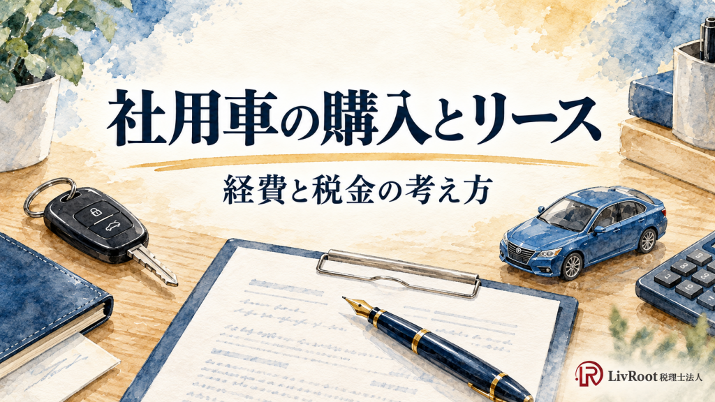 社用車の購入とリース。経費と税金の考え方を解説する記事の水彩イラスト。