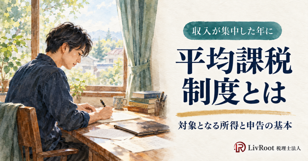 収入が集中した年に、平均課税制度とは。窓辺の書き手を描いた水彩イラスト。対象となる所得と申告の基本。