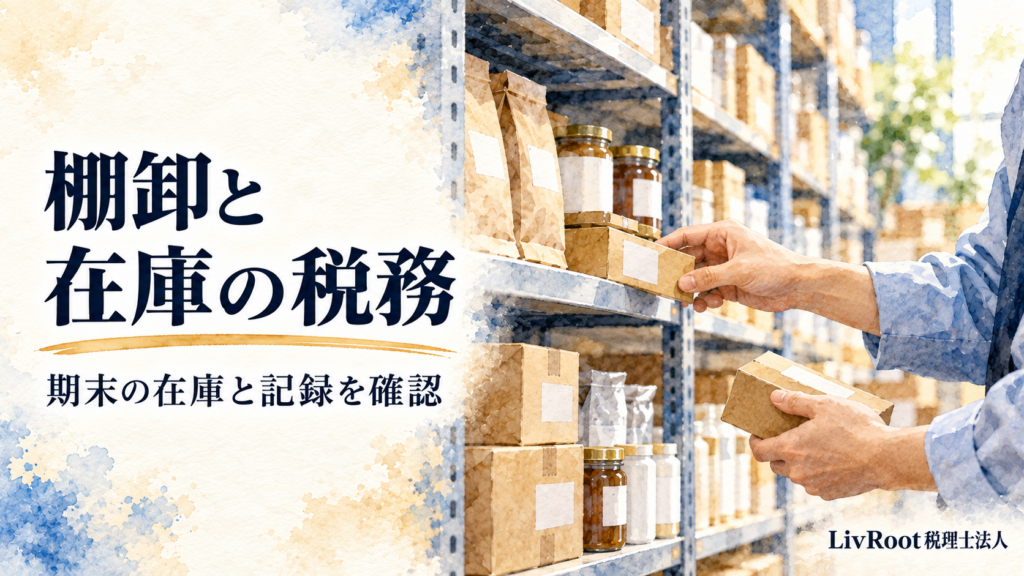 棚卸と在庫の税務。期末の在庫と記録を確認。商品棚で在庫を数える手元を描いた水彩調のアイキャッチ。LivRoot税理士法人。