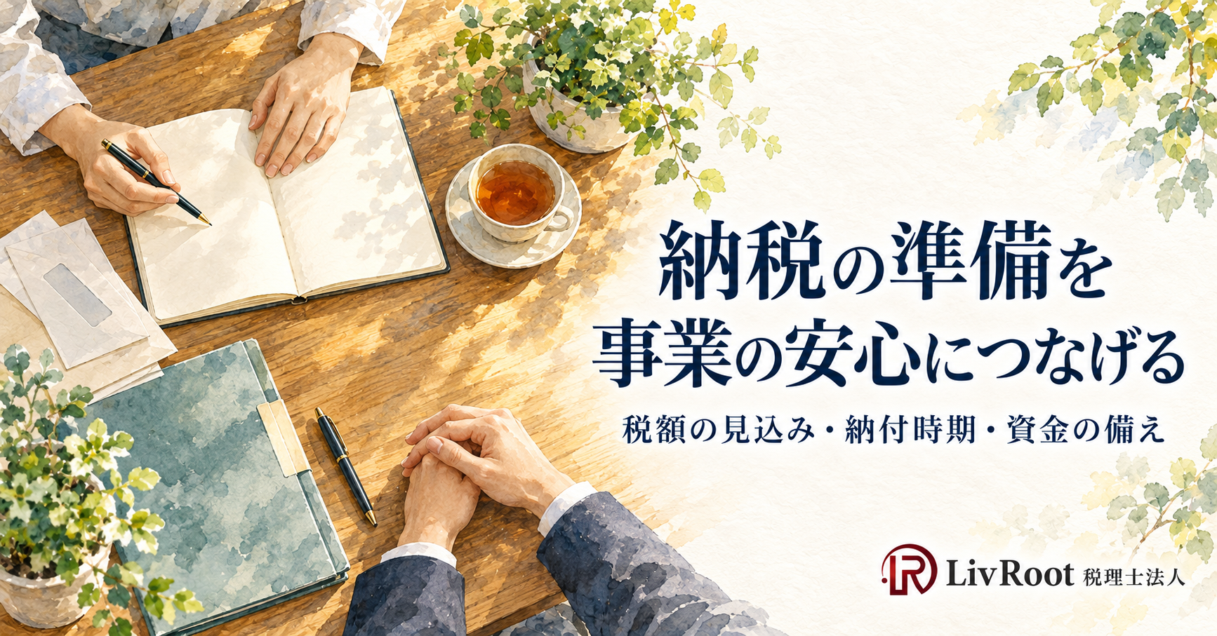 納税の準備を事業の安心につなげる。税額の見込み・納付時期・資金の備えをご相談ください。LivRoot税理士法人。