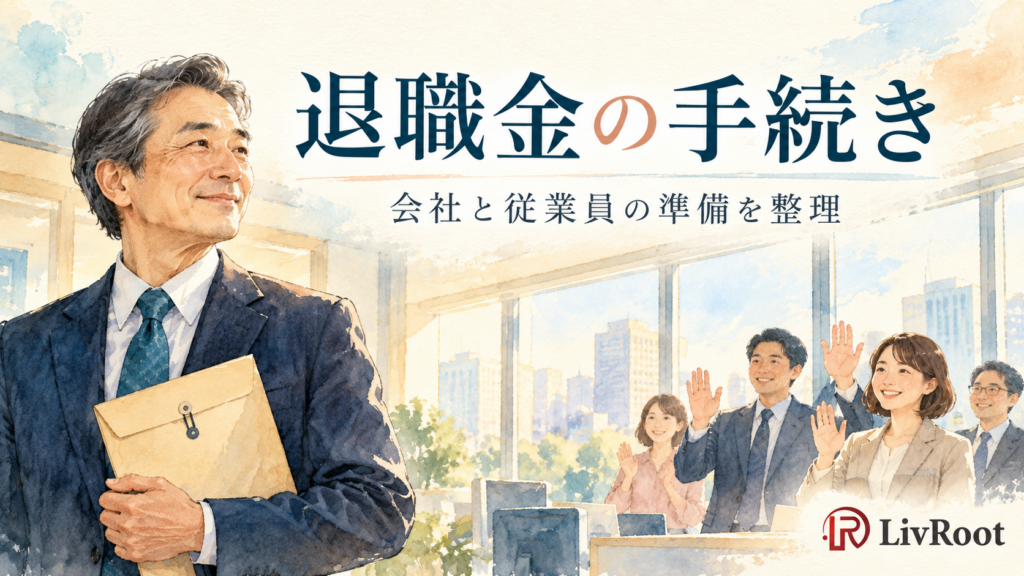 退職金の手続き。書類を持つ退職者と見送る同僚